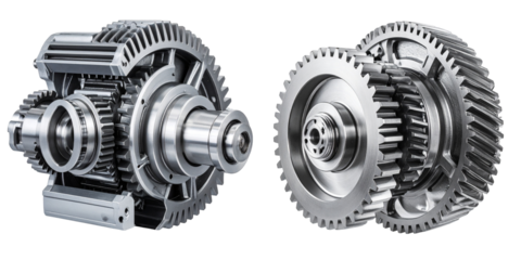 Detailed Industrial Gear Mechanisms Against Transparent Background Featuring Metallic Steel Components and Complex Mechanical Assembly