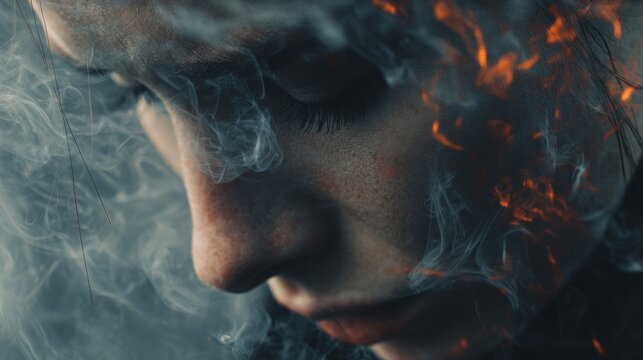 A close-up of a person with closed eyes, enveloped in swirling smoke with fiery embers mixed within