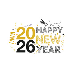 Happy New Year 2026 Doodle Vector Illustration with Confetti
