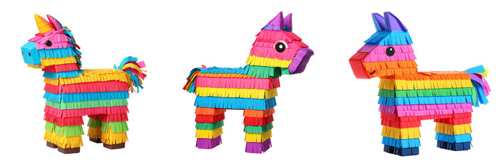 Three Colorful Pinatas Featuring Unicorn And Donkey Forms Set Against A Transparent Background