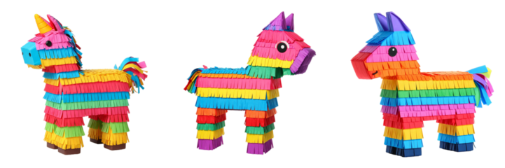 Three Colorful Pinatas Featuring Unicorn And Donkey Forms Set Against A Transparent Background