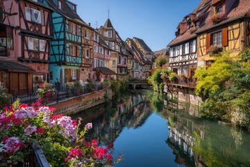 Naklejka premium Picturesque canal scene with colorful, half-timbered buildings and vibrant flowers