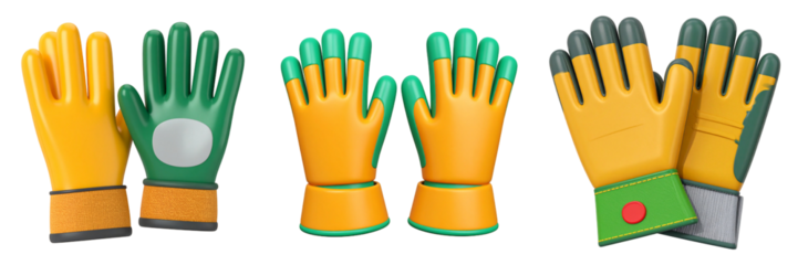 Three Pairs Of Yellow Green And Orange Gloves With Transparent Background