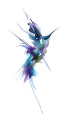 Fototapeta premium Elegant hummingbird watercolor artwork captures graceful flight in vibrant blues purples greens