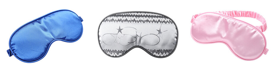 Three Eye Masks in Pink Blue and White Against Transparent Background
