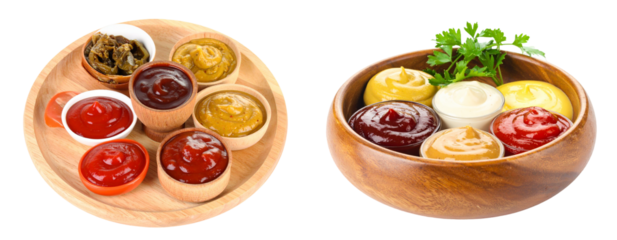 Various Sauces And Condiments Served In Wooden Bowls With Fresh Herbs On Transparent Background