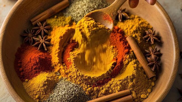 Aromatic Spices in Wooden Bowl with Spoon.