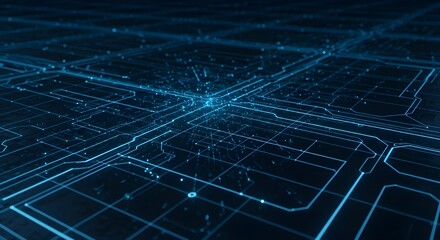 Abstract glowing blue digital network grid with interconnected lines and nodes