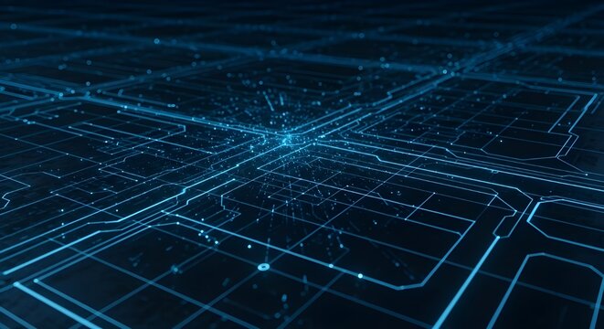 Abstract glowing blue digital network grid with interconnected lines and nodes
