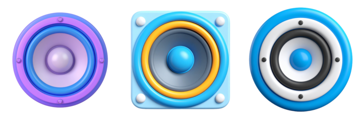 Set Of Three Colorful Speaker Designs With Blue And Purple Shades Isolated On Transparent Background