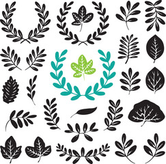 Seamless vector pattern set of black and white flowers and green leaves, floral plant decoration element illustration