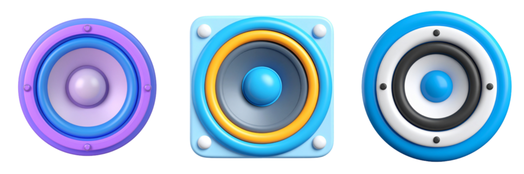 Set Of Three Colorful Speaker Designs With Blue And Purple Shades Isolated On Transparent Background - Powered by Adobe