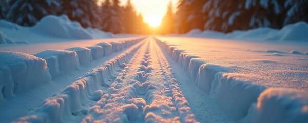 Tire tracks mark fresh snow on winter road. Golden sun shines on frosty landscape. Pine trees line cold forest path. Serene nature in early light, peaceful beauty of winter season, crisp cold air