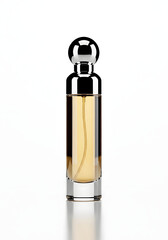 Elegant perfume bottle with a silver cap on a white background.