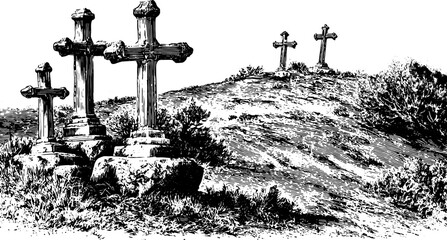 Cross and tombstone set on a grassy hill with a cemetery landscape. Black and white vintage style vector illustration.