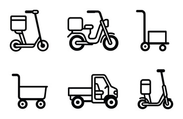 Set of dark minimalist icons of various delivery vehicles