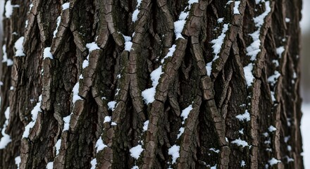 Obraz premium textured oak bark in winter, fine snow resting in its crevices as muted overcast light softens the scene with a delicate shallow depth of field
