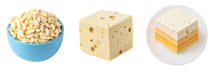 Assortment of Food Items Including Cereal Bowl Cheese Cube and Layered Dessert on Transparent Background