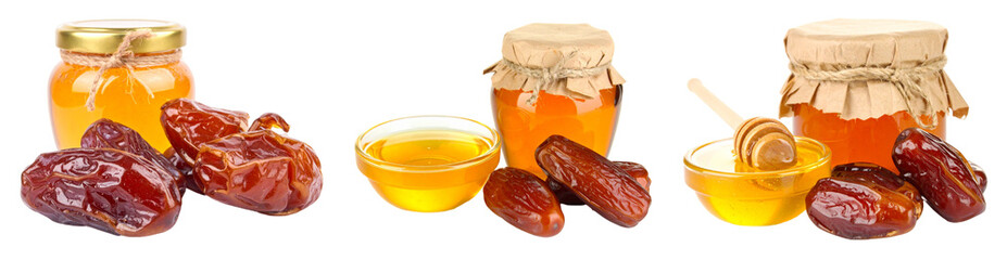 Honey Jars with Dates and Bowl of Honey on Transparent Background Close Up Shot of Delicious Healthy Food