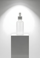 A minimalist composition of a frosted glass dropper bottle on a white pedestal under a spotlight.