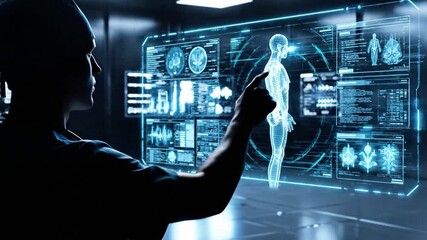 Faceless doctor silhouette using a holographic interface (generic)