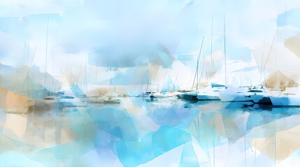 Serene nautical watercolor illustration of marina sailboats calm sea tranquil maritime scene art