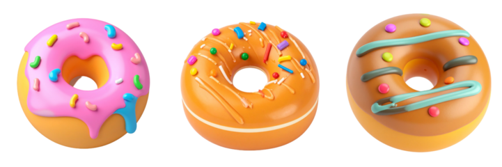 Three Colorful Donuts with Sprinkles Against a Transparent Background
