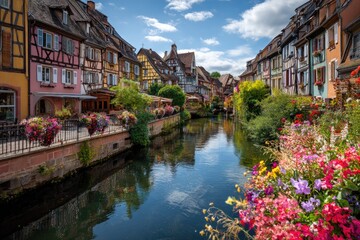 Fototapeta premium Scenic view of colorful half-timbered buildings flanking a canal filled with reflections