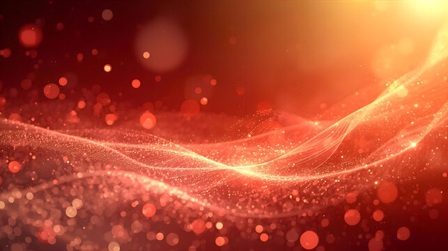 Abstract flowing particles in shades of red and orange, with bokeh effects, creating a dynamic, glowing background.