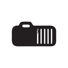 Simple dark silhouette icon of a pet carrier or crate with a handle and ventilation slots