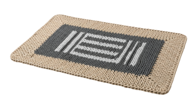 Rectangular handwoven beige and gray doormat with striped pattern on black background