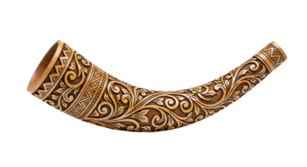 Intricately carved tribal wooden horn with detailed patterns