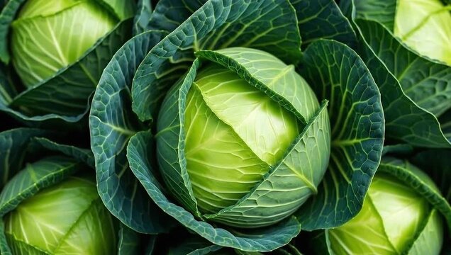 Closeup of fresh green cabbage heads growing in a field, showcasing the vibrant color and intricate texture of this healthy and nutritious vegetable