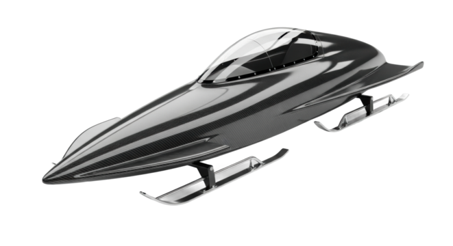Sleek carbon fiber bobsled with glossy finish and aerodynamic design