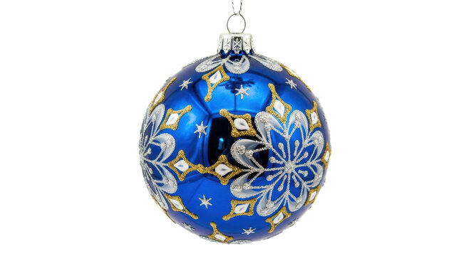 Ornate blue christmas ornament with intricate white and gold patterns