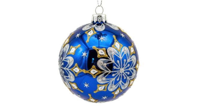 Ornate blue christmas ornament with intricate white and gold patterns