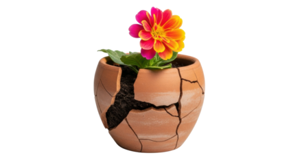 Vibrant flower blooming from cracked terracotta pot