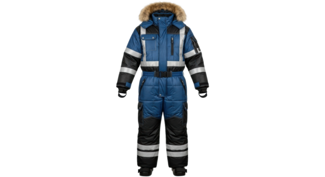 Blue and black insulated winter snowsuit with reflective stripes and fur hood