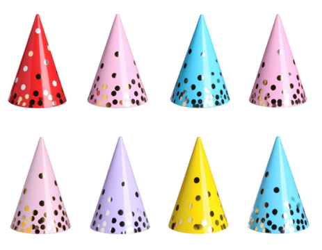 Collection Of Colorful Party Hats With Confetti On Transparent Background