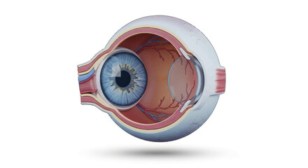 Detailed 3D Medical Illustration of Human Eye Anatomy Cutaway View, Showing Internal Structures, Optic Nerve, and Retina for Educational Purposes