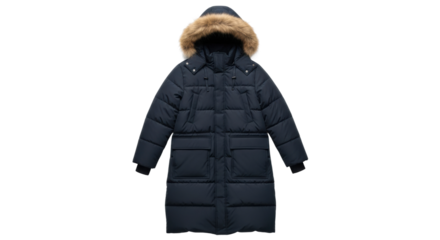Navy blue winter parka coat with fur hood
