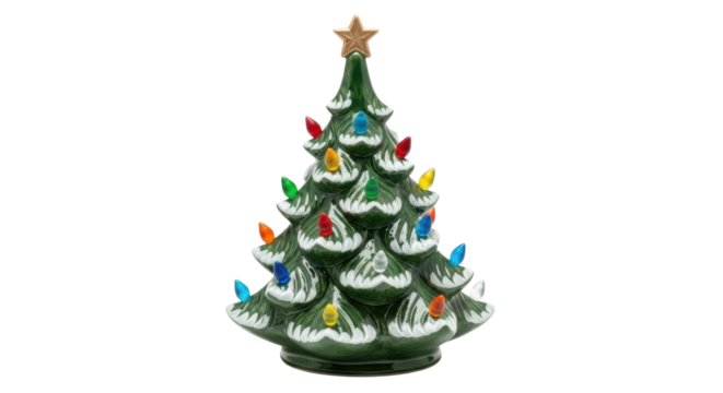 Festive ceramic christmas tree with colorful lights and star topper