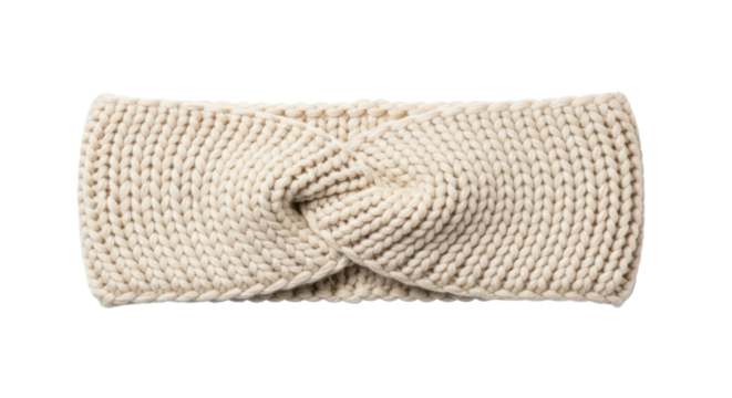 Cozy beige knitted headband with stylish twist design