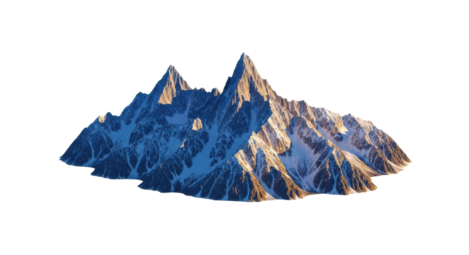 Majestic snow-covered mountain range with jagged peaks at sunset