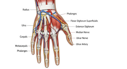 Anatomical illustration of the human hand's intricate structure, highlighting veins and nerves