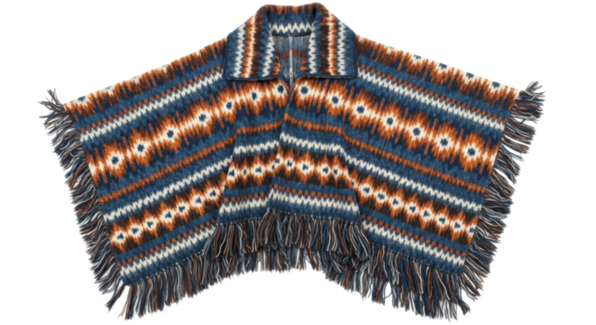 Colorful patterned poncho with fringe details in blue and brown