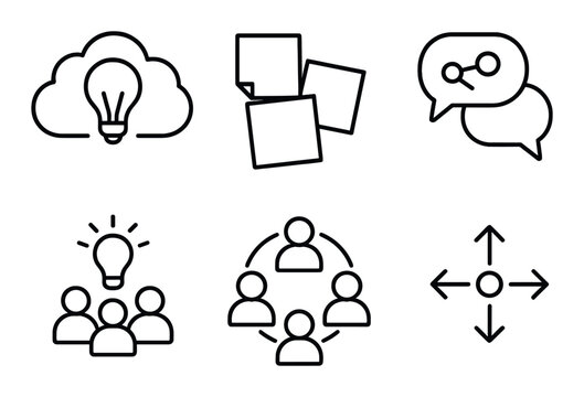 Innovative icons: cloud ideas, collaboration, communication, teamwork, and networking concepts