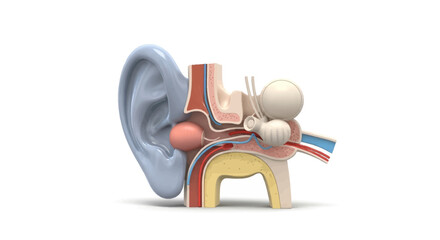 A detailed 3D illustration of the human ear's anatomy showing a cross-section of the auditory system for medical and scientific concepts