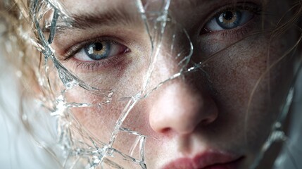Close-up of a fair-skinned face gazing out. Broken glass fragments frame the face, partially obscuring it. Light illuminates the eyes