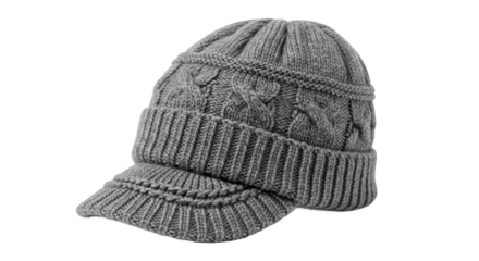 Gray cable knit winter cap with visor for cold weather accessory